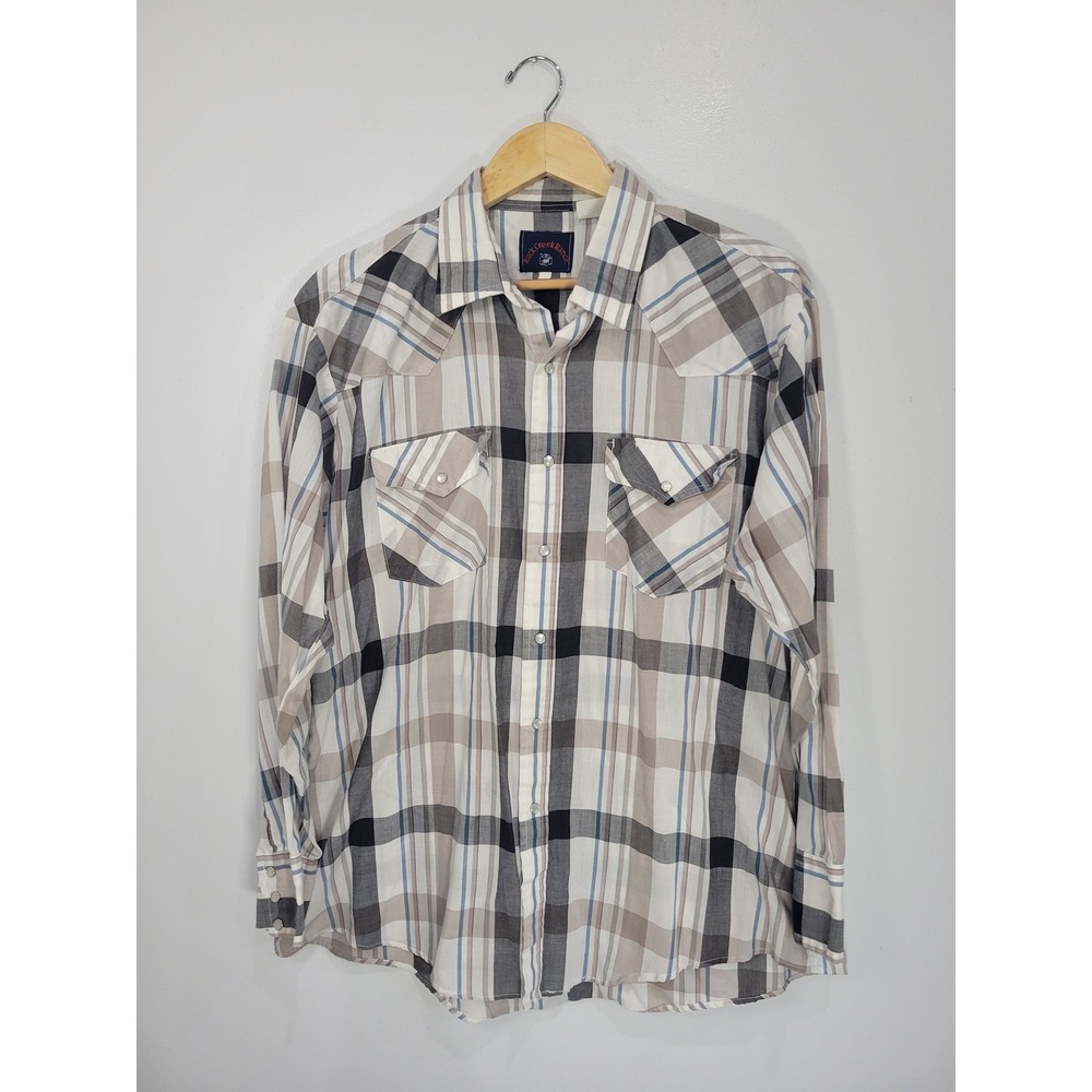 Rock‎ Creek Ranch Mens Plaid Western Pearl Snap Shirt Tan Black Blue Long Sleeve